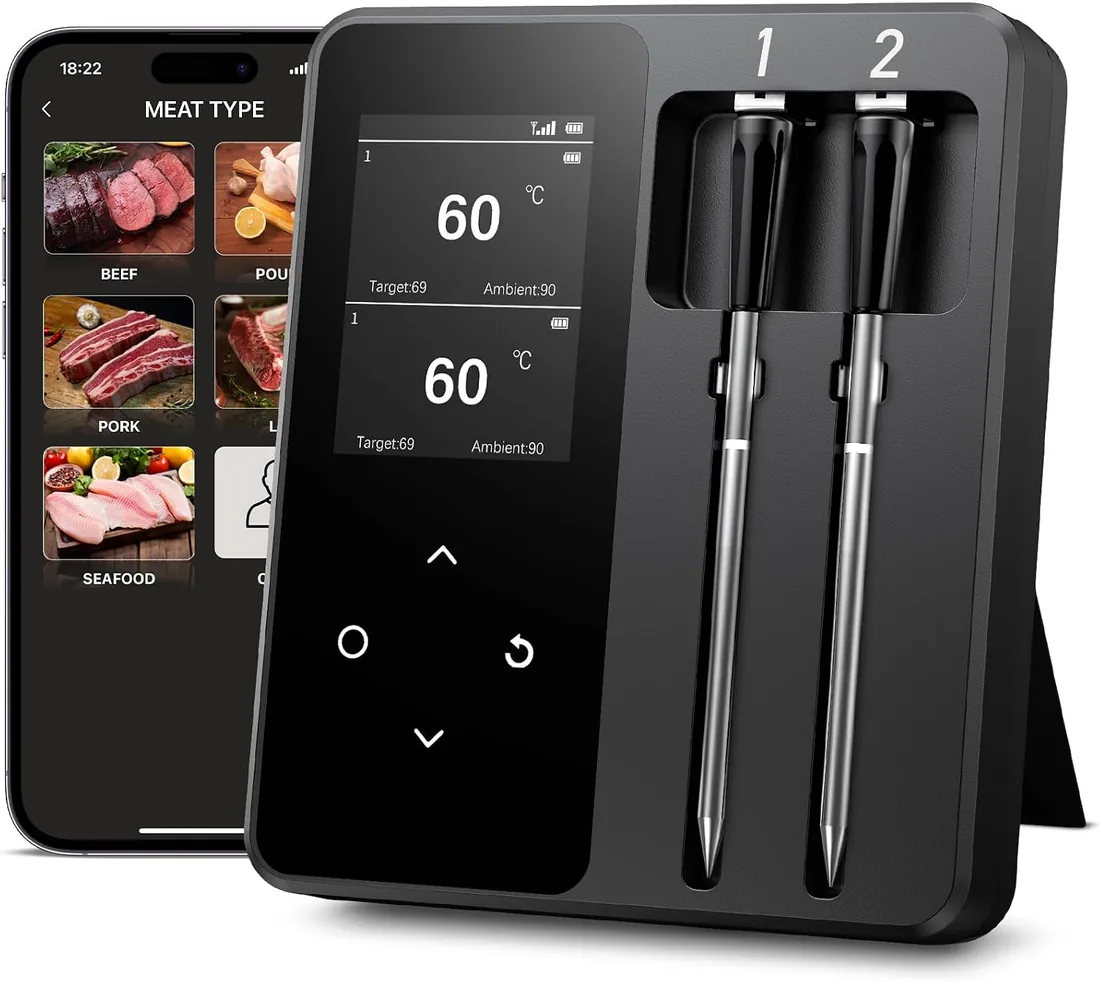 Termómetro Cocina Inalámbrico con 2 Sondas, Pantalla LCD, 130m Alcance, Termómetro Carne con APP Inteligente para Barbacoa, Horno, Parrilla, Ahumador, Asador, Freidora, IP67 Resistente al Agua