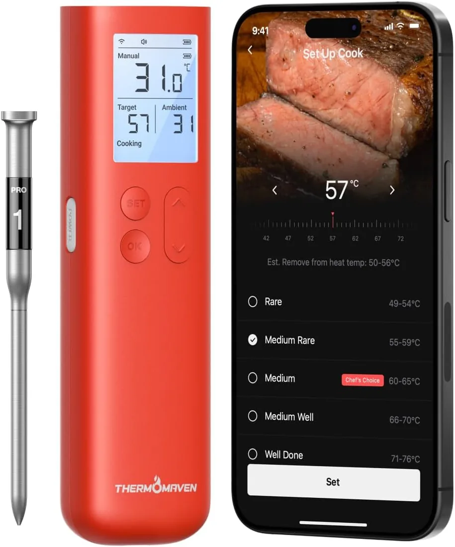 ThermoMaven G1 Termómetro para Carne Inalámbrico con Pantalla Inteligente | WiFi y App, NIST ±0,3 °C, 915 m Sub-1G, 6 Sensores, IPX8 y 24 h para Barbacoa, Horno, Parrilla, Ahumador y Cocción Lenta