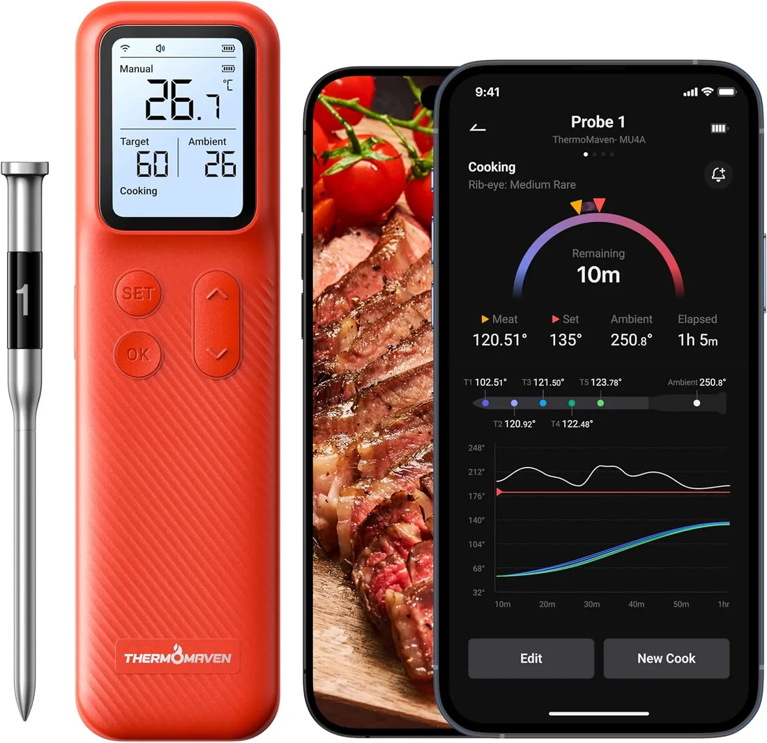 ThermoMaven P1 Termómetro para Carne Inalámbrico con WiFi y Bluetooth 5.3 | Termómetro para Barbacoa Inalámbrico con 6 Sensores, Base con Pantalla y Sonda IPX8, para Horno, Parrilla, Ahumador y Cocina