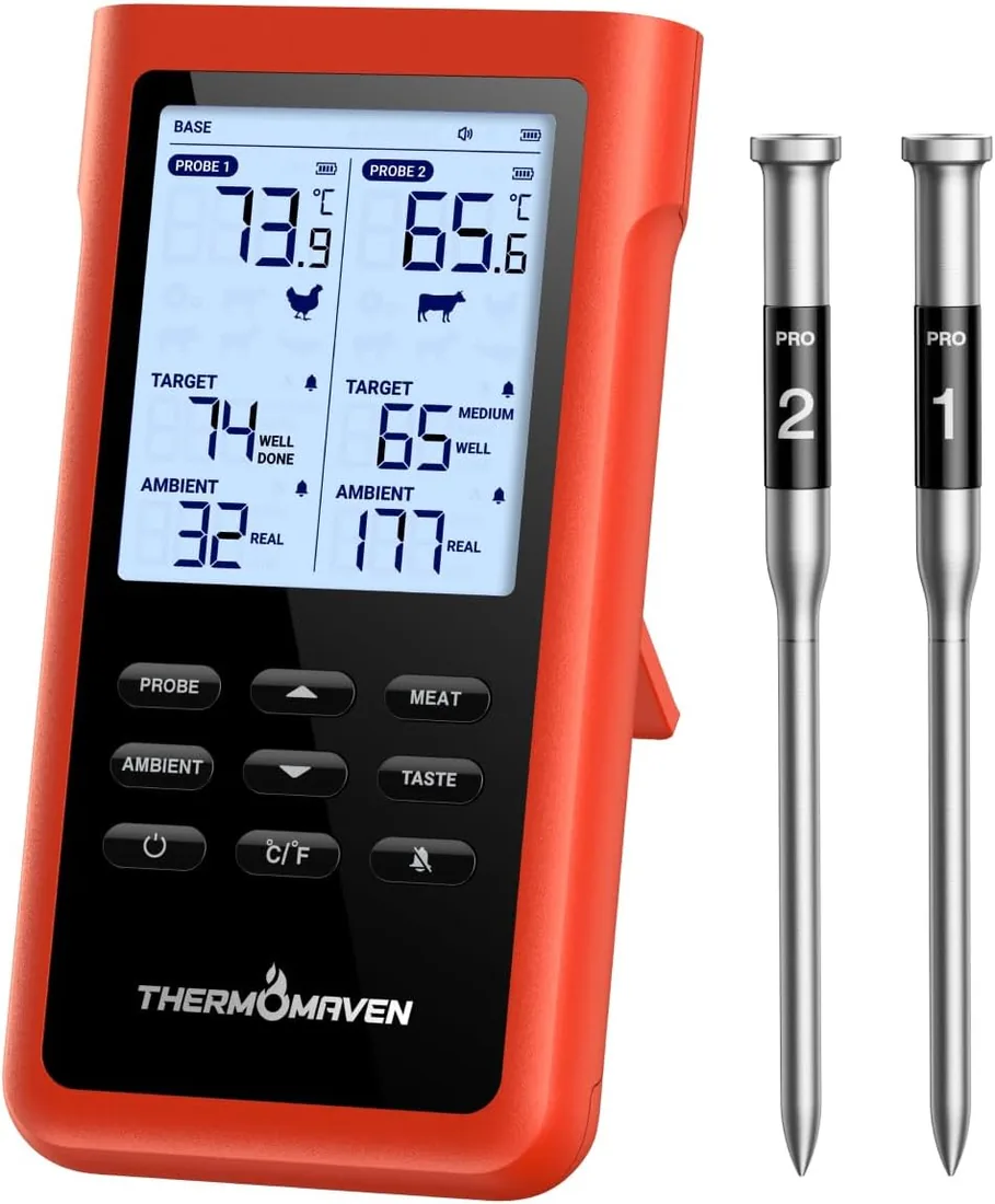 ThermoMaven X2 Termómetro para Carne Inalámbrico con 2 Sondas 915m Sub-1G | Finas NIST, 6 Sensores, Pantalla LCD sin App para Barbacoa, Horno, Parrilla, Ahumador, Costillas, Asados y Cocción Lenta foto 2