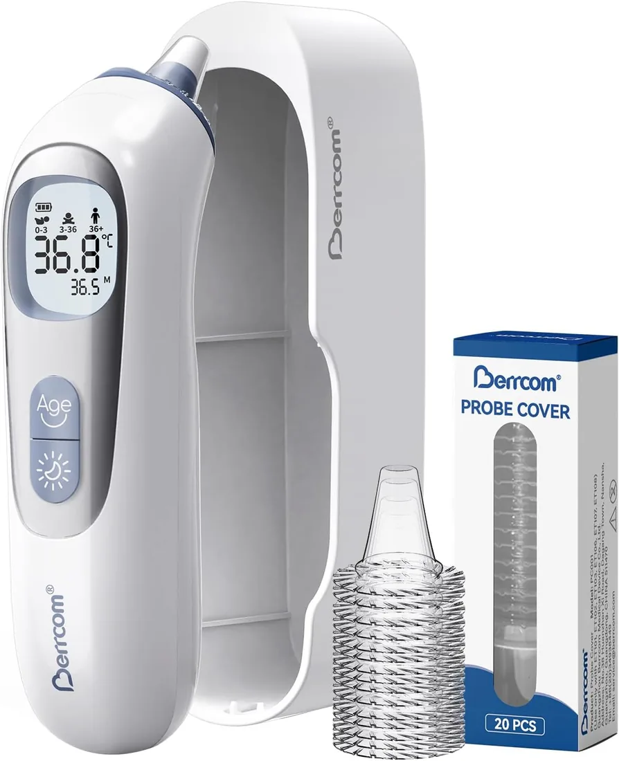 Berrcom Termómetro de Oído de Alta Precisión, Termómetro Digital con Tecnología de Sonda Precalentada para Adultos y Bebés, Guía de Temperatura por Grupos de Edad, Lectura Instantánea