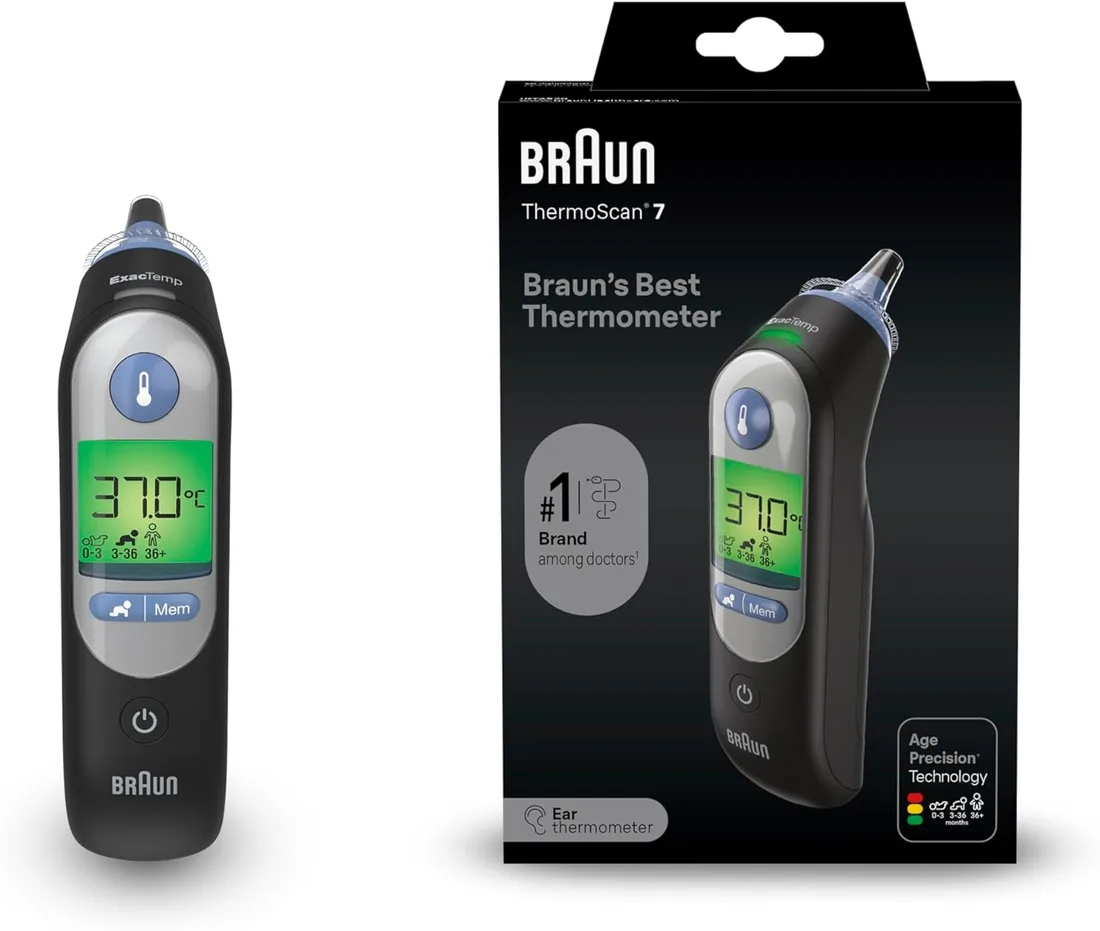 Braun ThermoScan 7 Termómetro de oído | Tecnología Age Precision | Negro | Pantalla digital codificada por colores | Apto para bebés y niños pequeños | La marca Nº 1 entre los médicos1