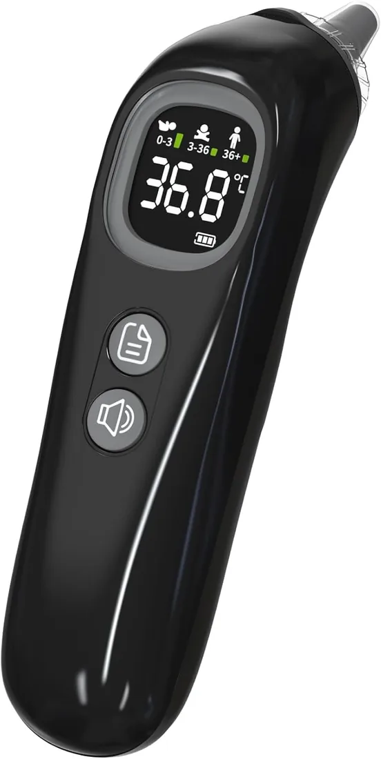 Femometer Family Termómetro de oído para bebés, adultos y niños, termometro digital, Tecnología de Age Grouping, 360° Sonda (negro)