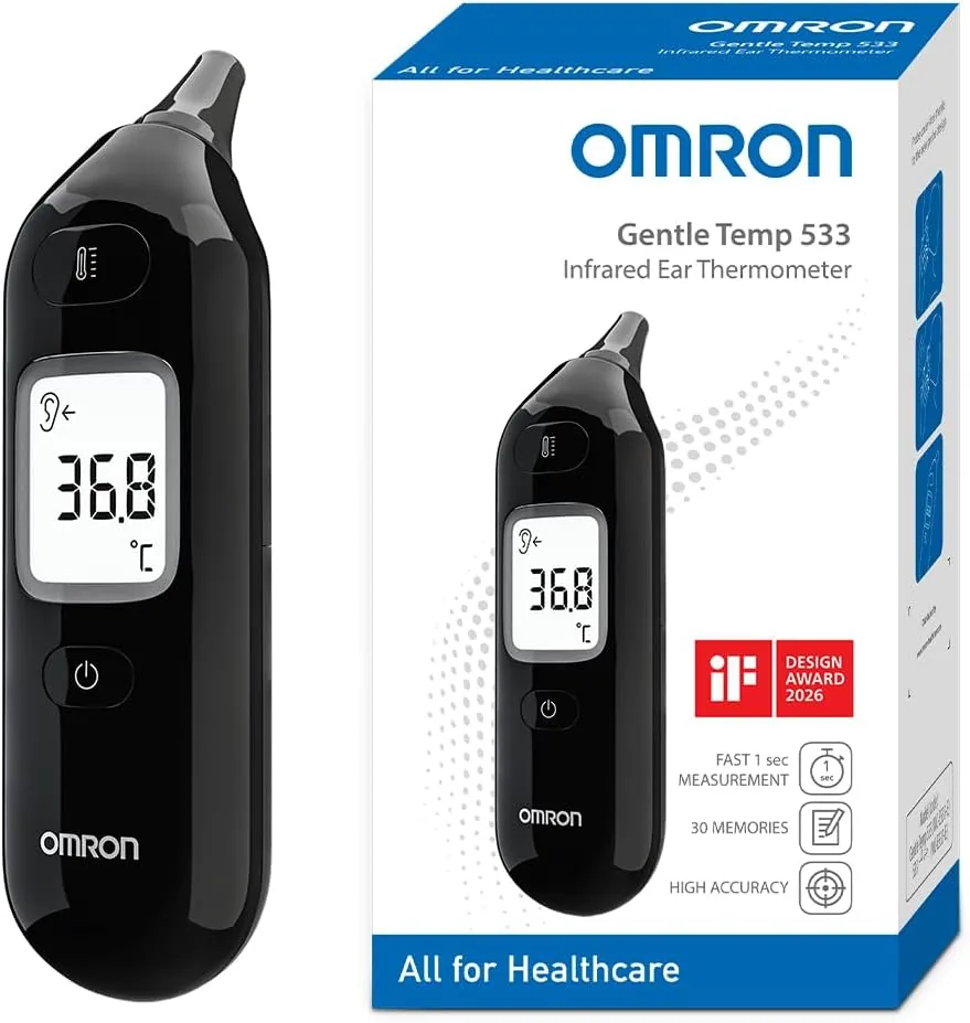 OMRON Gentle Temp 533 Termómetro digital – Termómetro oído bebé e infantil | Termómetro infrarrojos sin cubiertas de sonda, medición 1 segundo, preciso, silencioso, memoria 30 lecturas, negro
