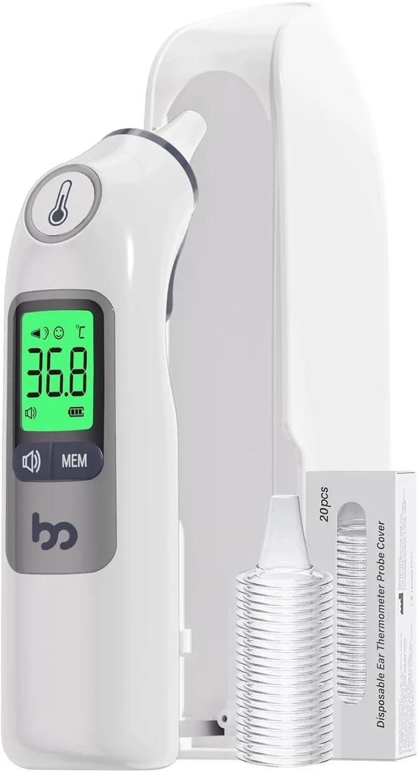 Termómetro de fiebre para adultos y niños, termómetro de oído de alta precisión, 30 memorias, alarma de fiebre en tricolores, con 21 tapas de sonda desechables y caja portable foto 3