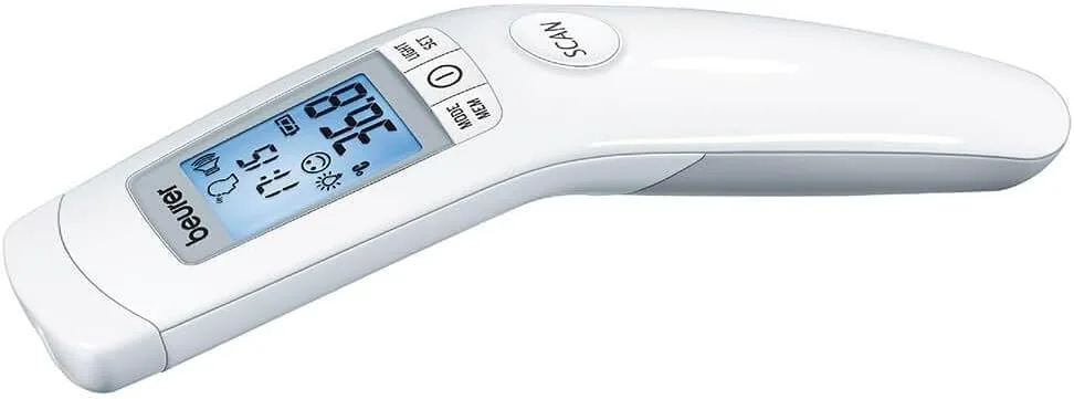 Beurer Termómetro de fiebre infrarrojo digital sin contacto FT 90, termómetro para bebés, para medir fácilmente en la frente para adultos y niños, pantalla digital, con batería, 1 pieza (paquete de 1)
