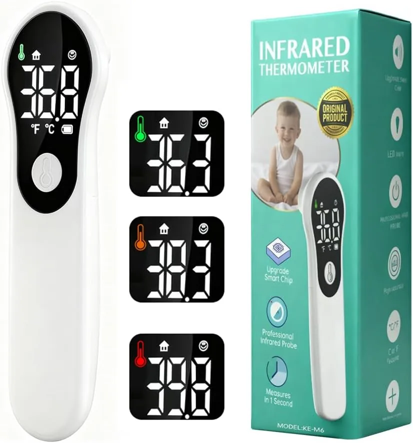 Termometro Digital Bebe y Adultos Termometro de Frente Infrarrojo sin Contacto Multiusos Alarma de Fiebre Lectura Instantánea Pantalla LCD y Recargable