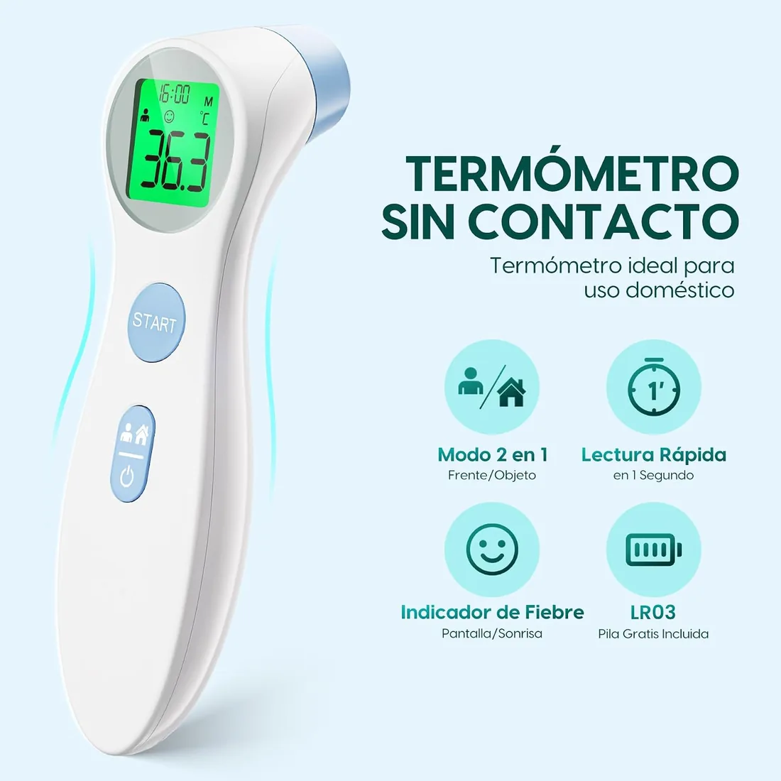 Termómetro digital para bebés, niños y adultos, sin contacto, termómetro infrarrojo con lectura precisa inmediata, alarma de fiebre (azul ligero) foto 2