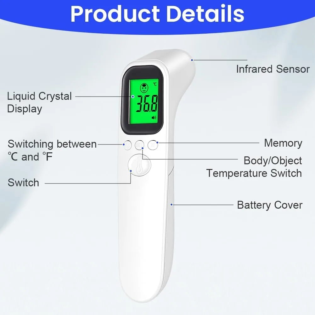 Termómetro Infrarrojo de Frente Sin Contacto, Termómetro Digital Médico para Bebés, Niños y Adultos, 2 en 1 Modo Cuerpo y Objetos con Alarma de Fiebre, Pantalla LCD 3 color y Memoria-Arma recta foto 3