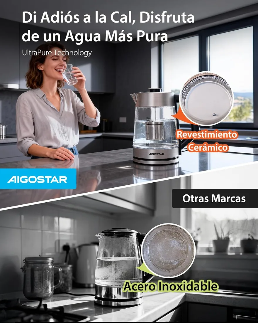 Aigostar Hervidor Agua Electrico con Regulador de Temperatura, Cerámico foto 2