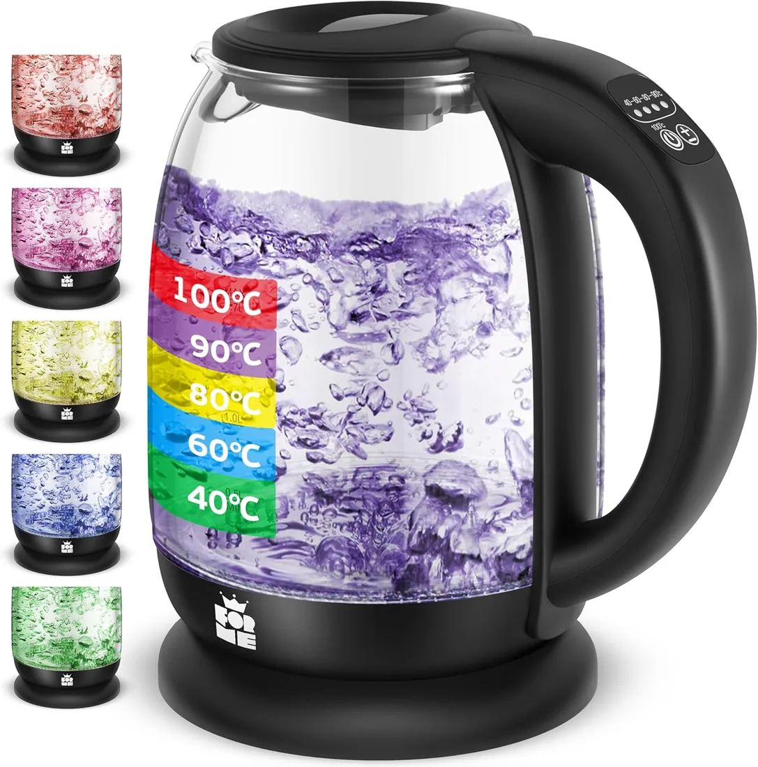 FOR ME Hervidor Eléctrico de Vidrio Agua con Filtro de Té 1,7L, Control de temperatura, Temperatura ajustable de 40°C a 100°C, Iluminación LED de 5 Colores, Función de Mantener Caliente, Libre de BPA