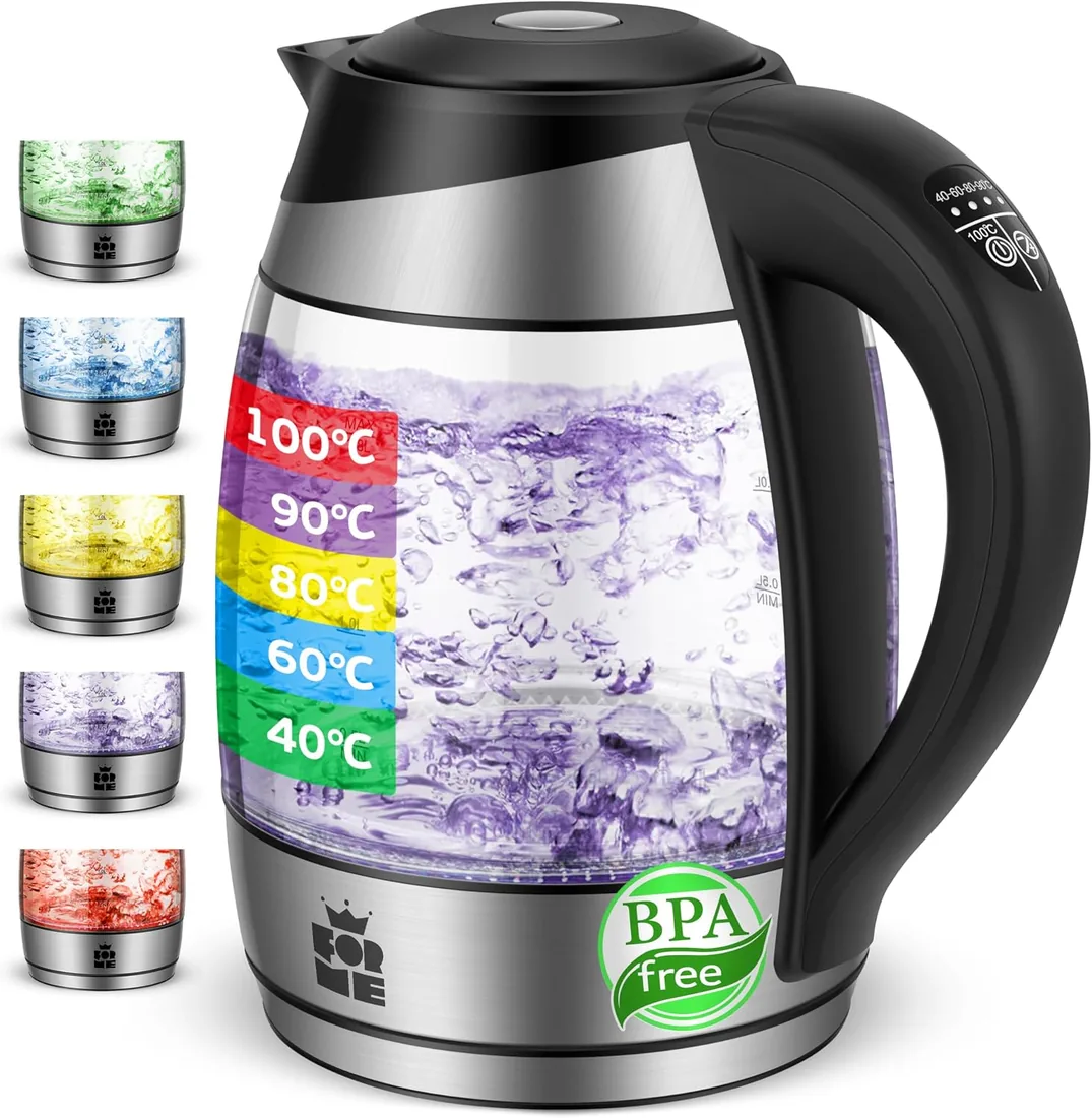 FOR ME Hervidor Eléctrico de Vidrio Agua con Filtro de Té 1,8L, Control de temperatura, Temperatura ajustable de 40°C a 100°C, Iluminación LED de 5 Colores, Función de Mantener Caliente, Libre de BPA