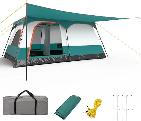 COSTWAY Tienda de Campaña 4-10 Personas, Porche, 2 Habitaciones, 2 Puertas, 2 Ventanas de Malla, Tienda de Campaña Familiar Grande, Capa Doble para Camping, Picnic