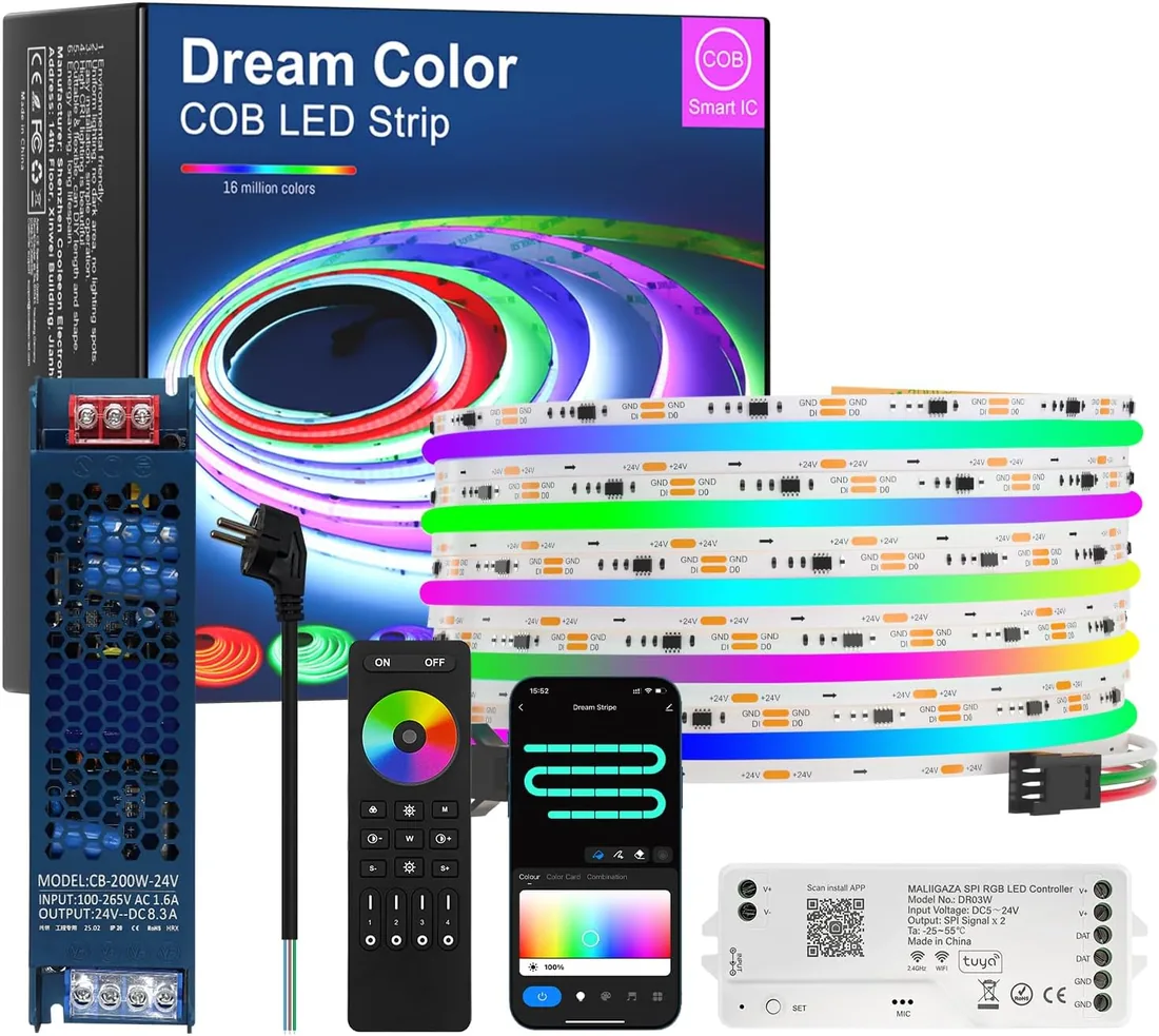 10 m Smart RGB-IC COB LED Strip Wifi, tira LED SPI RGB direccionable con aplicación Tuya, Alexa Google Home Control por voz, sincronización de música, sincronización de música 2,4 G, mando a distancia