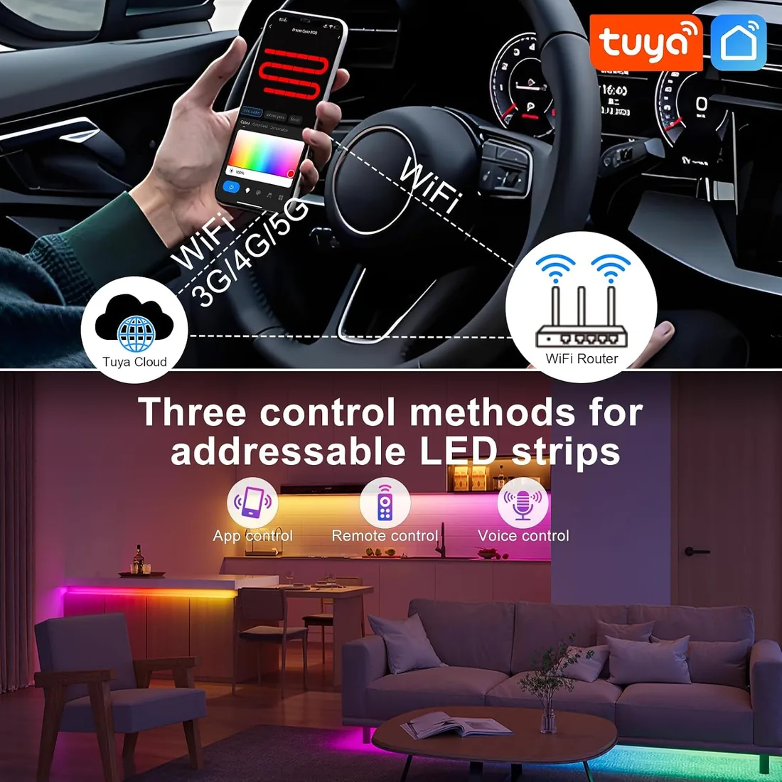 10 m Smart RGB-IC COB LED Strip Wifi, tira LED SPI RGB direccionable con aplicación Tuya, Alexa Google Home Control por voz, sincronización de música, sincronización de música 2,4 G, mando a distancia foto 2