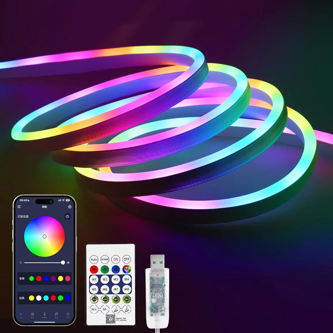 5m Tira LED Neon RGB IC, 5V USB Neón Flexible con App Inteligente, Color Dinámico y Segmentado, Tira LED Direccionable para Retroiluminación de Dormitorio, Sala de estar y Juegos