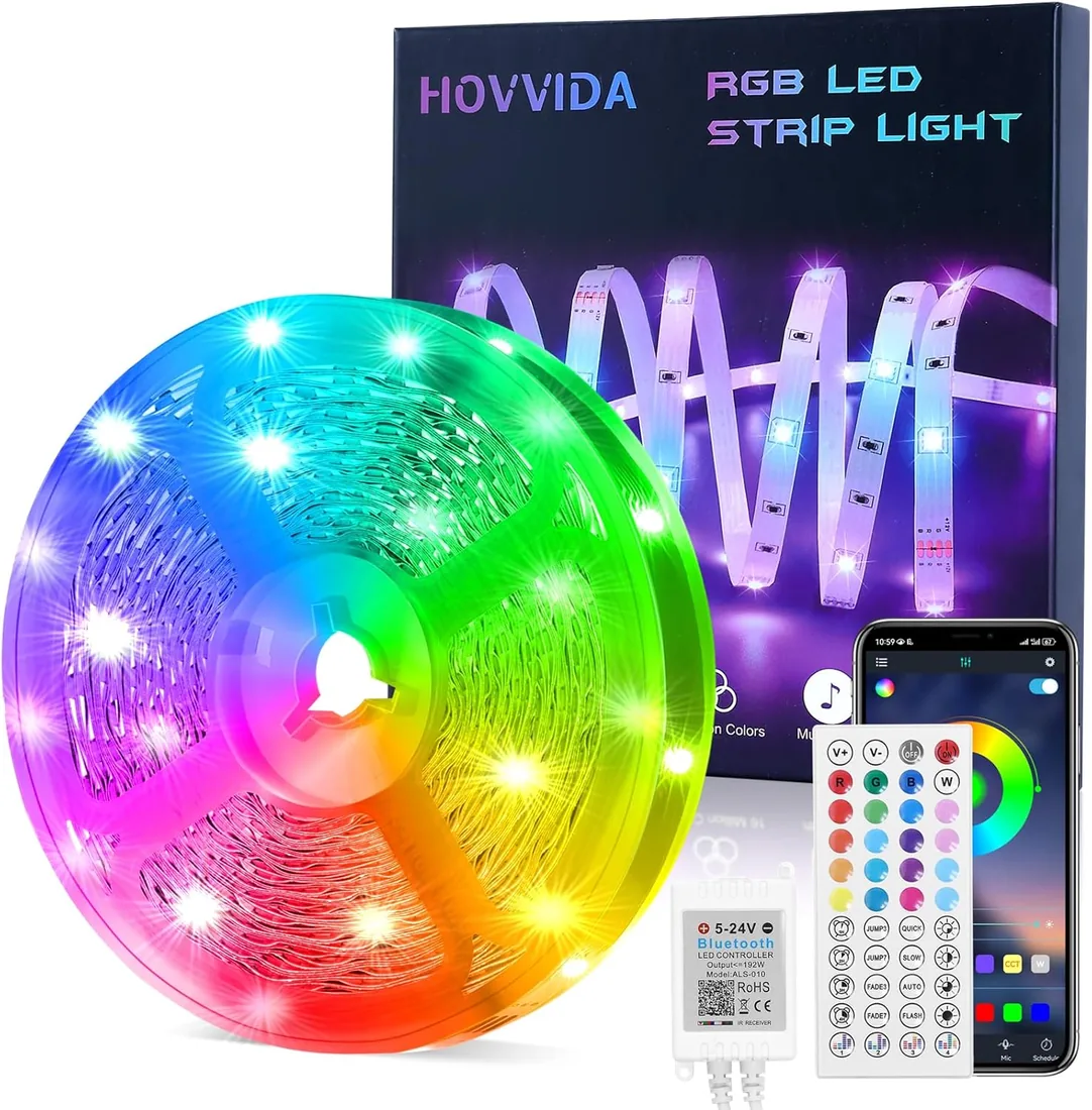 HOVVIDA Tira LED 15m, RGB Luces LED 15m, 150 LED, LED 15m, 30 LED/Metro | 1x15m, 24V, APP y Mando a distancia, Modo de Música, LED para Habitación, Sala, Cocina, Dormitorio, Bar, Fiesta