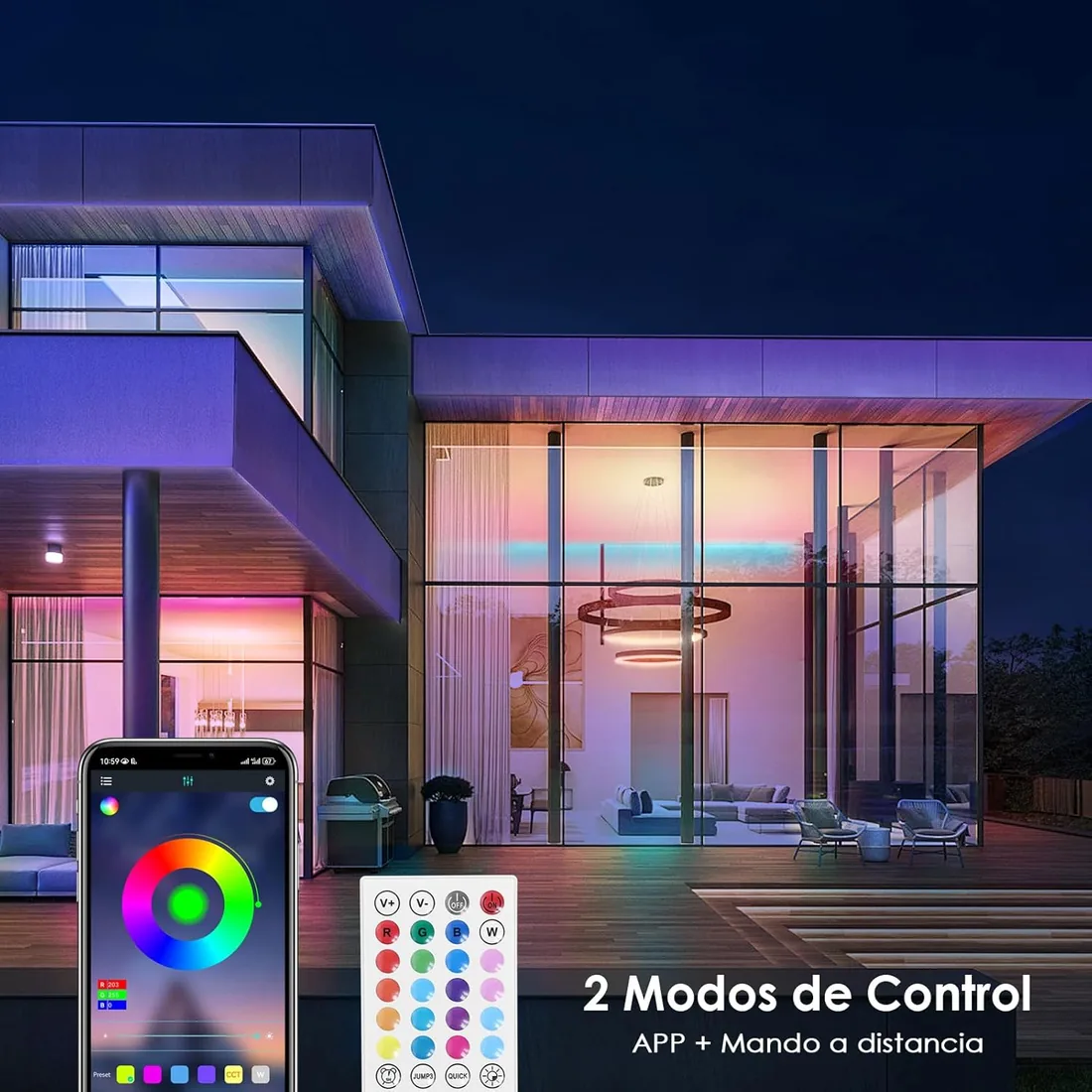 HOVVIDA Tira LED 15m, RGB Luces LED 15m, 150 LED, LED 15m, 30 LED/Metro | 1x15m, 24V, APP y Mando a distancia, Modo de Música, LED para Habitación, Sala, Cocina, Dormitorio, Bar, Fiesta foto 2