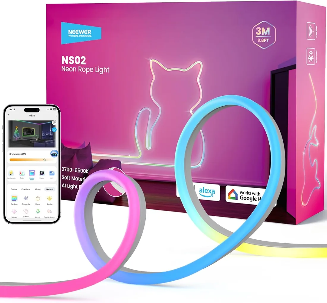 NEEWER 9.84ft/3m Tira LED Cuerda Neón Flexible Cortable RGB IC Inteligente Control App, Decoración Interior Dormitorio Sala Juegos Estudio, Compatible con Google Assistant y Alexa, NS02