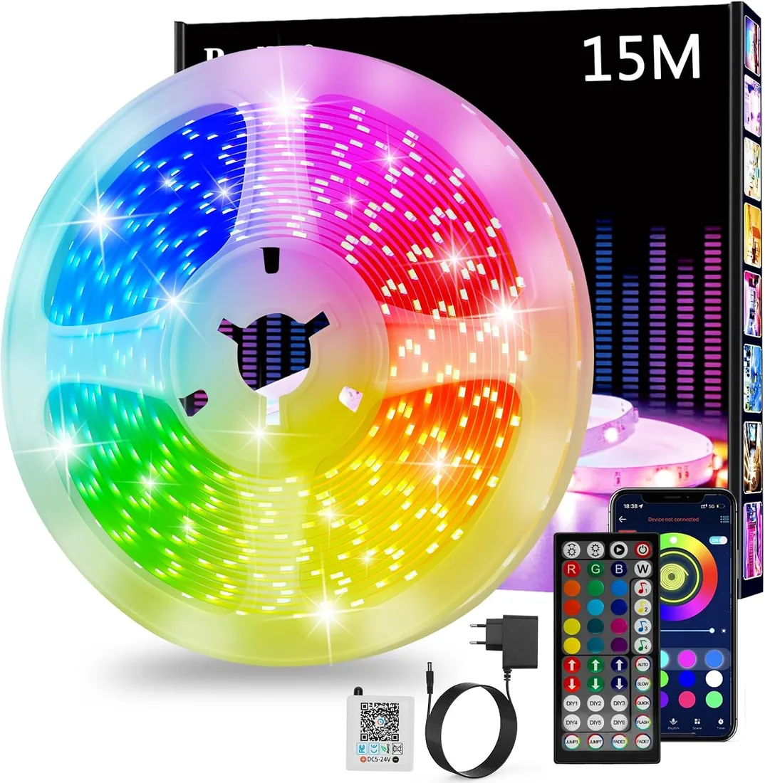 Tira LED 15 Metros, Luces Led Habitacion RGB Bluetooth Adhesivas, Luces LED | Luces LED con Control Remoto y Inteligente Control de APP, Cambia el Color con la Musica para Decoración de Cocina, Gaming,TV
