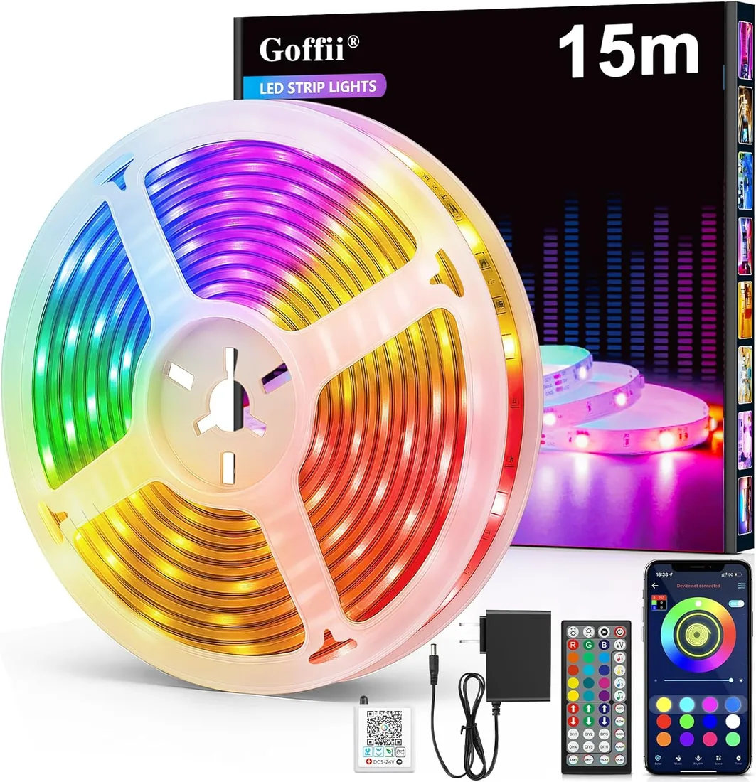 Tira LED 15 Metros, Luces Led Habitacion, RGB Luces LED Bluetooth Adhesivas | Tira LED con Control Remoto y Inteligente Control de APP, Cambia el Color con la Musica para Decoración de Cocina, Gaming, TV