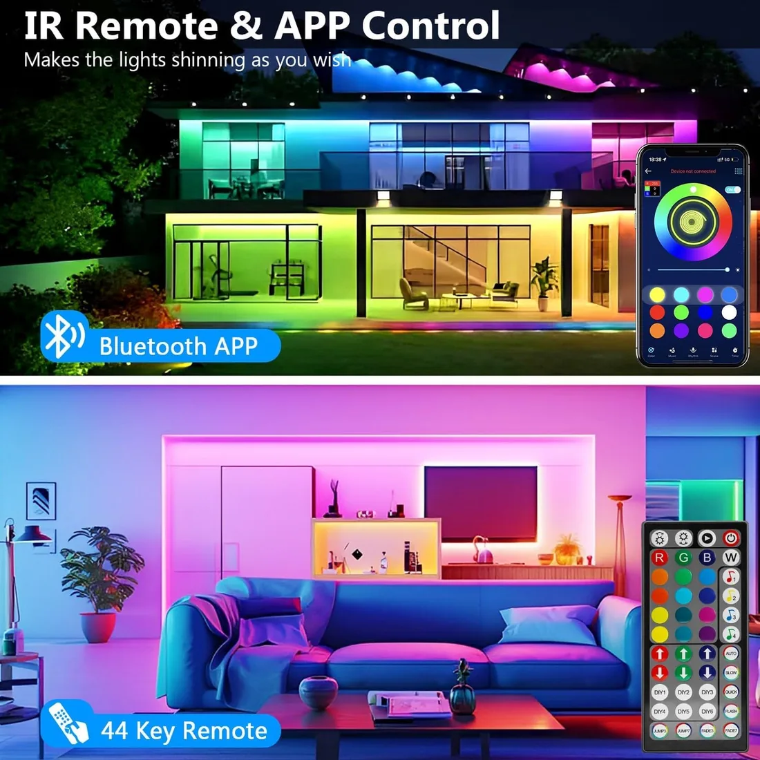 Tira LED 15 Metros, Luces Led Habitacion, RGB Luces LED Bluetooth Adhesivas | Tira LED con Control Remoto y Inteligente Control de APP, Cambia el Color con la Musica para Decoración de Cocina, Gaming, TV foto 2
