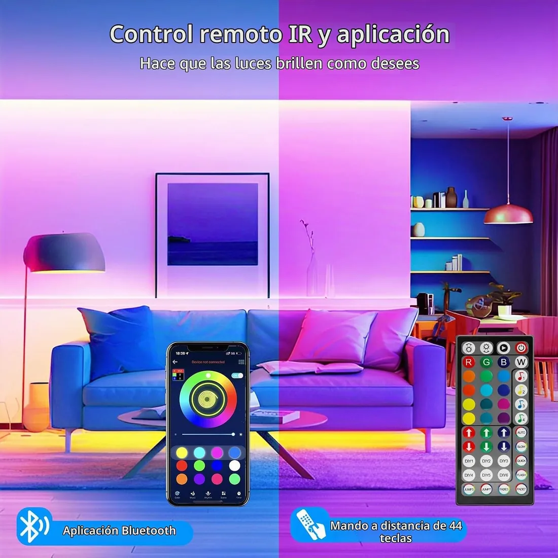 Tira LED 5 Metros, Luces Led Habitacion RGB Bluetooth Adhesivas, Luces LED | Luces LED con Control Remoto y Inteligente Control de APP, Cambia el Color con la Musica para Decoración de Cocina, Gaming,TV foto 2