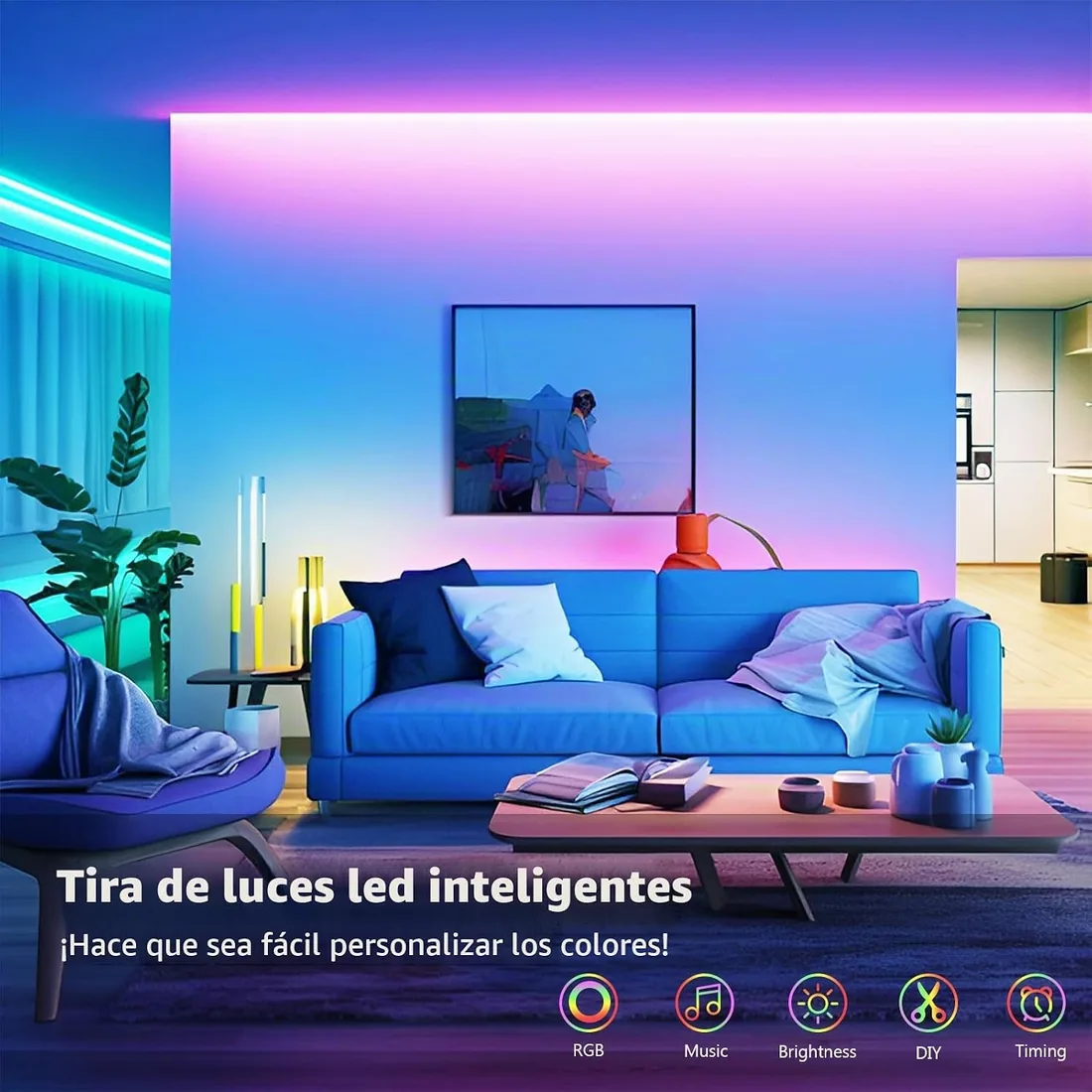 Tira LED 5 Metros, Luces Led Habitacion RGB Bluetooth Adhesivas, Luces LED | Luces LED con Control Remoto y Inteligente Control de APP, Cambia el Color con la Musica para Decoración de Cocina, Gaming,TV foto 3