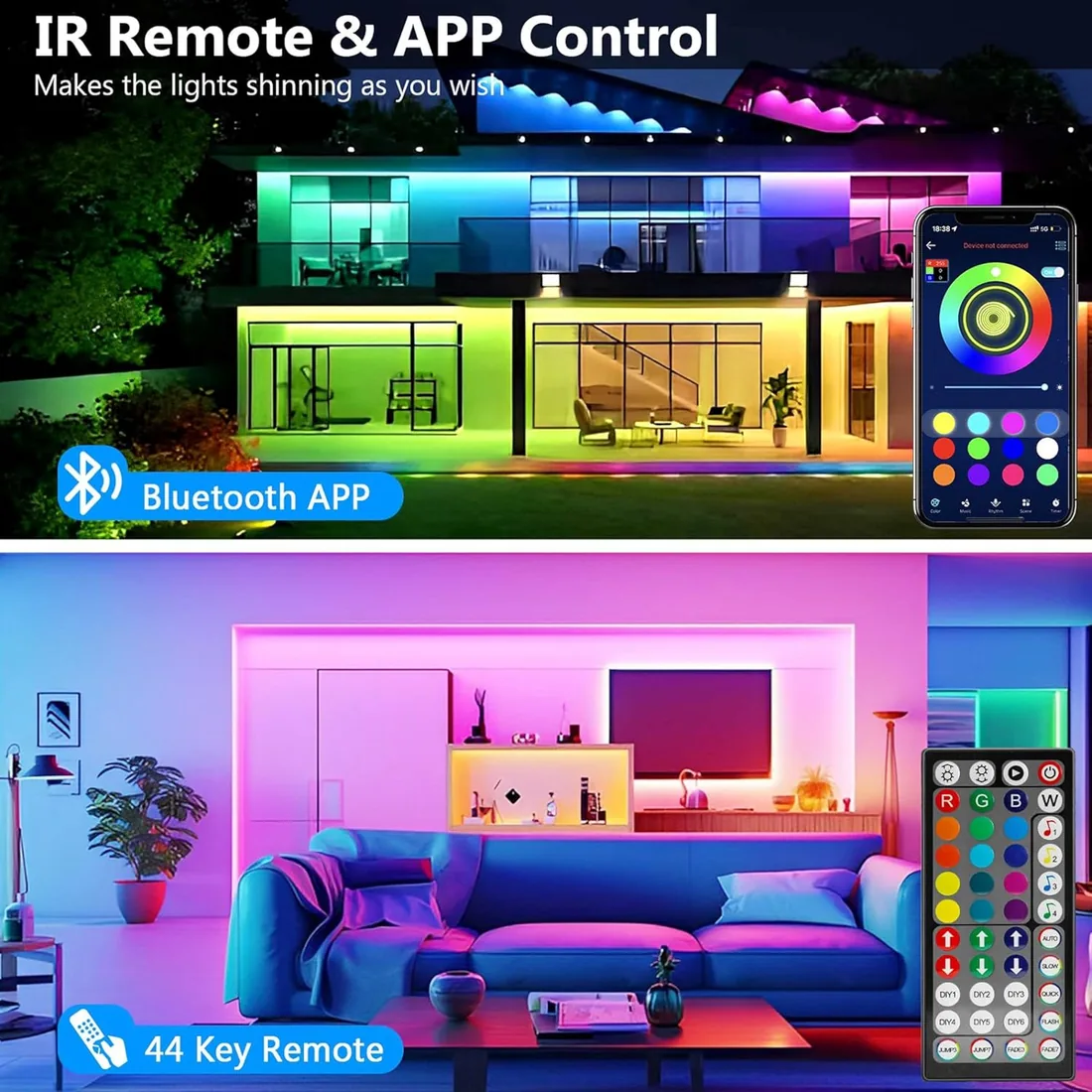 Tira LED 5 Metros, Luces Led Habitacion, RGB Luces LED Bluetooth Adhesivas | Tira LED con Control Remoto y Inteligente Control de APP, Cambia el Color con la Musica para Decoración de Cocina, Gaming, TV foto 2