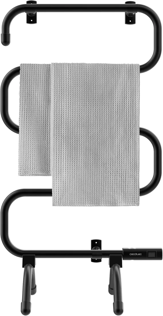 Cecotec Toallero Eléctrico -Bajo Consumo - ReadyWarm 5000 Towel Black. Seca Toallas 100W, Indicador de Luz, Sistemas de Seguridad, Protección IP24, Montaje en Suelo o Pared, Ideal para Baños