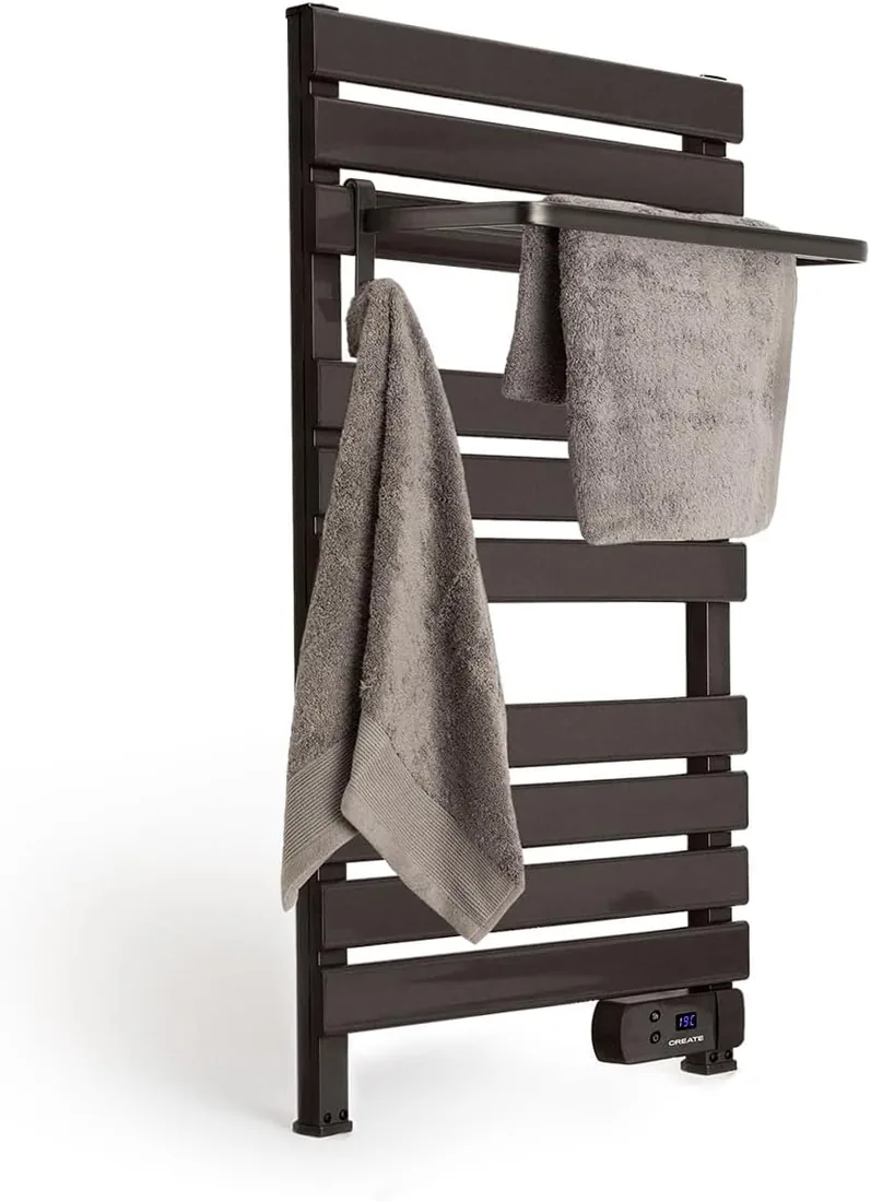CREATE / Warm Towel 500W / Toallero eléctrico Negro con Estante / 96.9x5x55 cm/para Suelo o Pared. Temporizador. Pantalla LCD. bajo Consumo