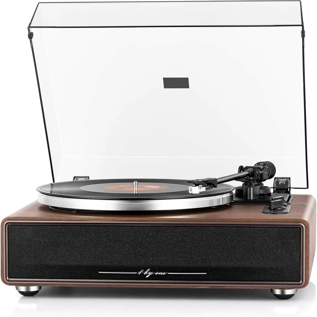 1 BY ONE Tocadiscos de Vinilo Todo en Uno, Portátil Bluetooth HiFi | Alta Fidelidad, 4 Altavoces Estéreo Integrados, 33/45 RPM, Bluetooth, Contrapeso Ajustable, Cápsula AT-3600L