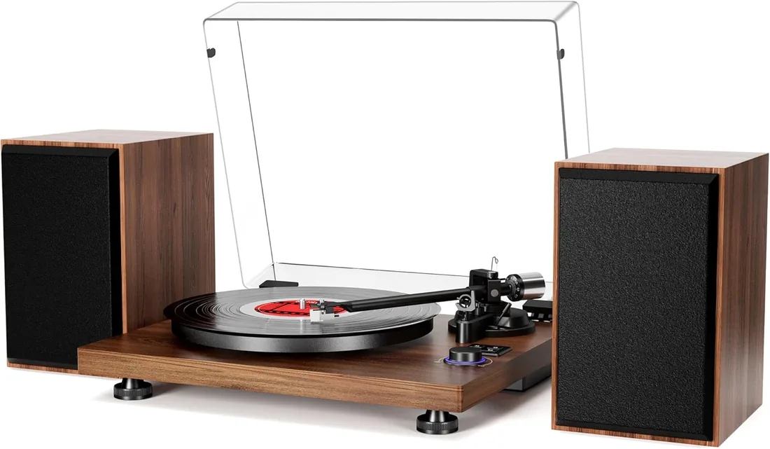 Mersoco Tocadiscos Bluetooth de Vinilo con Altavoces estéreo, Convertidor de Vinilo LP a MP3 con CD, Reproductor de Casete,Radio FM,Entrada Auxiliar y Tomas de Auriculares foto 2