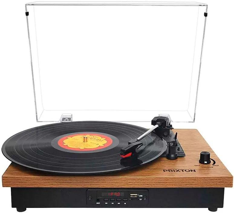 PRIXTON Tocadiscos de Vinilo Vintage con Bluetooth Studio TS420, Reproductor y convertidor de vinilos, Bluetooth, USB, Tarjeta SD, Radio, 2 Altavoces Incorporados, Tapa Antipolvo, Color Madera