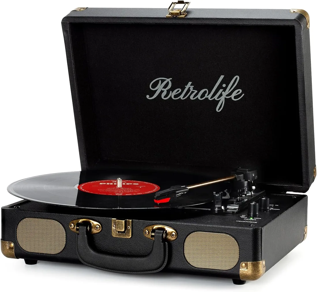 Retrolife Tocadiscos de Vinilo Portátil 3 Velocidades Maleta, Negro Vintage | Bluetooth Tocadiscos, Correa, 33/45/78 RPM, Altavoces Incorporados, Salida de línea RCA, Entrada AUX, Toma de Auriculares foto 2