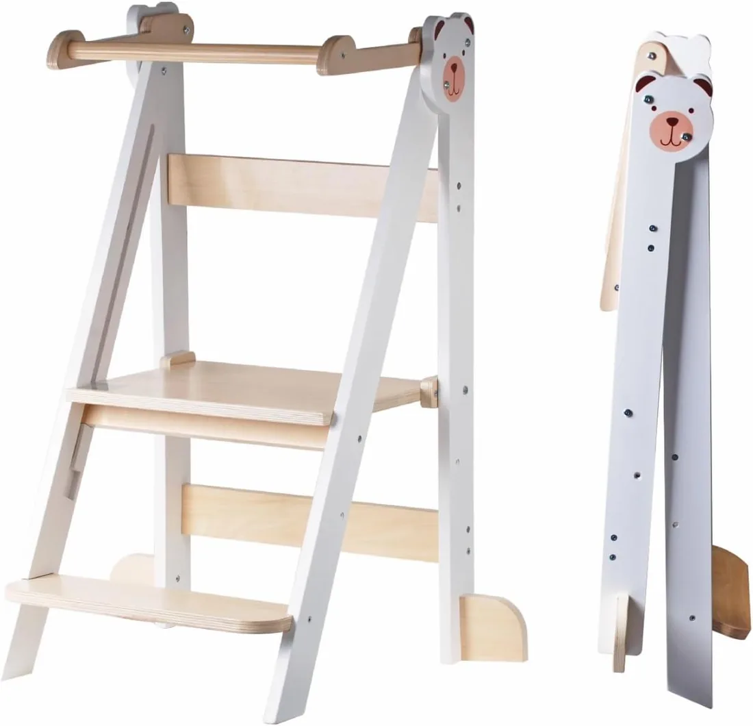 Buddy Baby Xplora - Torre de Aprendizaje y Torre de Ayuda en la Cocina con o sin Pizarra - 3 en 1 - Plegable y con 2 Alturas -Escalones Infantiles con fácil Montaje (Sin Pizarra)