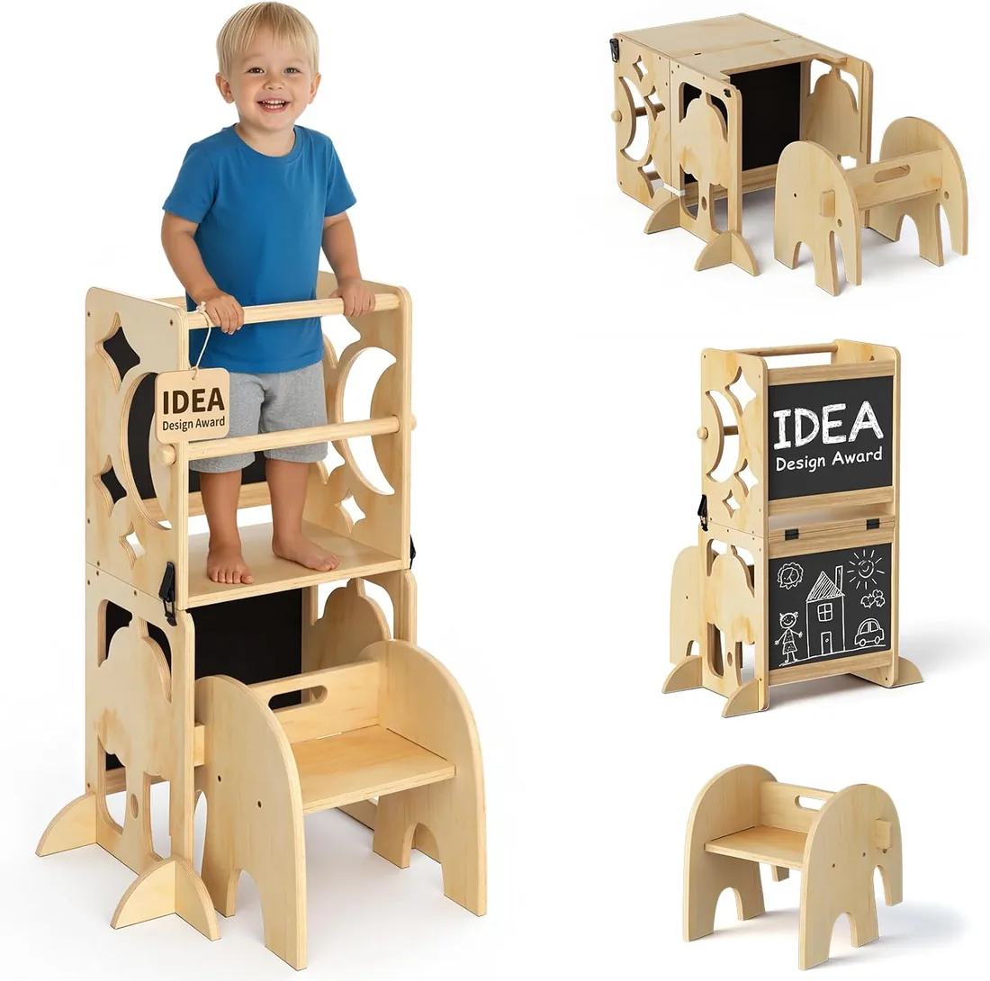COSYLAND Torre de Aprendizaje Infantil 4 en 1 para Cocina con Barandilla de Seguridad, Diseño Plegable con Doble Pizarra, Convertible en Conjunto de Escritorio y Silla Infantil, Natural Clásico foto 2