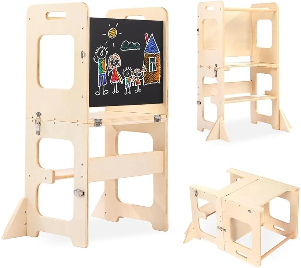 Labebe Montessori Torre per Bambini, 3 in 1 pieghevole Torre didattica, Scala Sgabello per Bambini con Lavagna, Montessori Legno torretta per utensili da cucina a partire da 1 Anno (Legno) foto 2