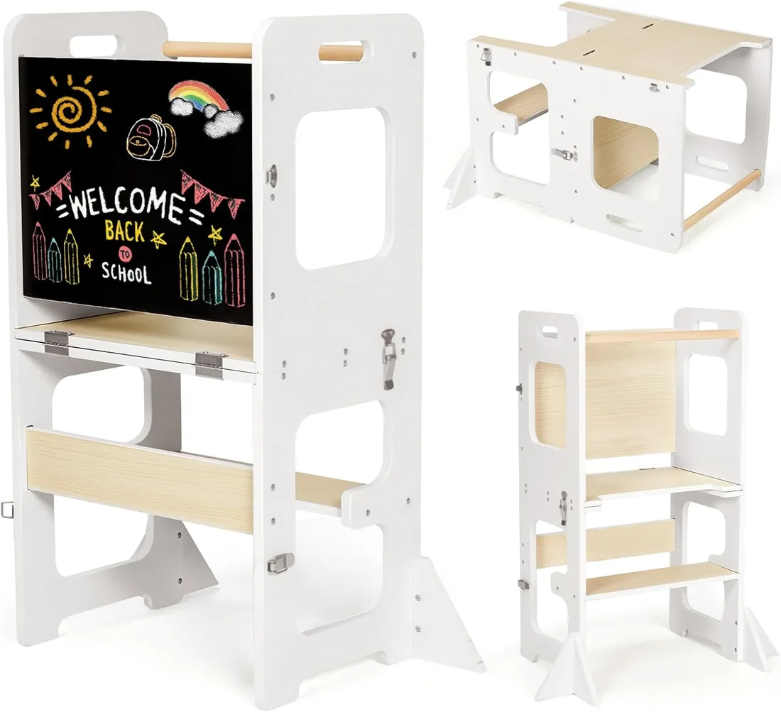 Labebe Torre de Aprendizaje, Montessori Torre Plegable per niño, Multifuncional Learning Tower con Pizarra, 3 en 1 Torretta Torre de Aprendizaje a Partir de 1 Año-Blanco y Madera