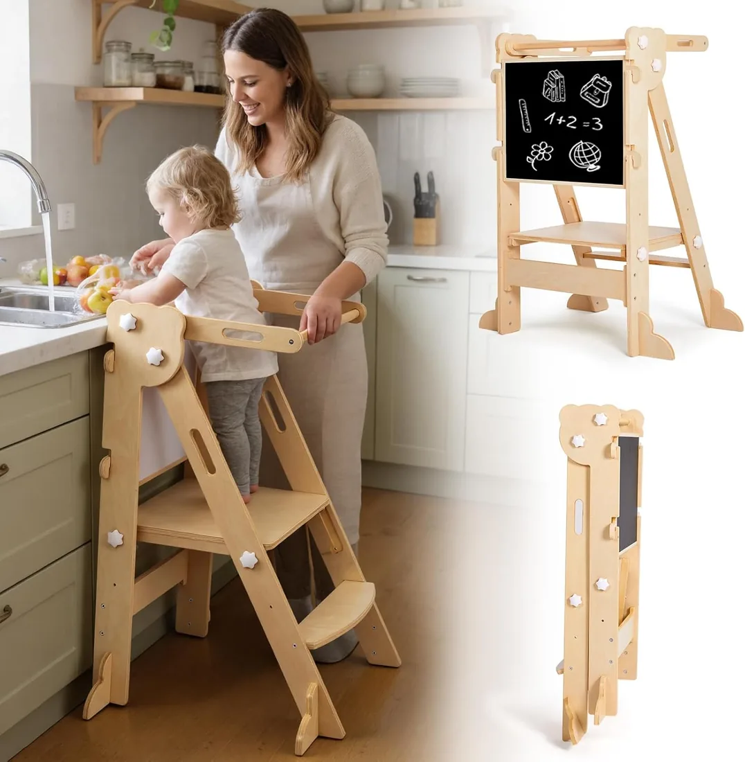Labebe Torre de Aprendizaje Plegable Niños, Montessori Learning Tower con Tablero de Dos Caras, 3 en 1 Multifuncional Torre Ajustable en Altura y Ancho Torre Aprendizaje (Madera)
