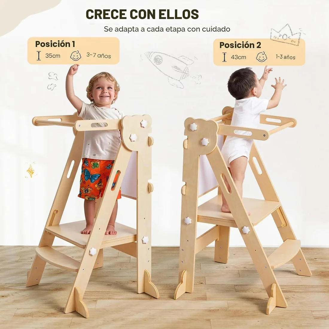 Labebe Torre de Aprendizaje Plegable Niños, Montessori Learning Tower con Tablero de Dos Caras, 3 en 1 Multifuncional Torre Ajustable en Altura y Ancho Torre Aprendizaje (Madera) foto 2