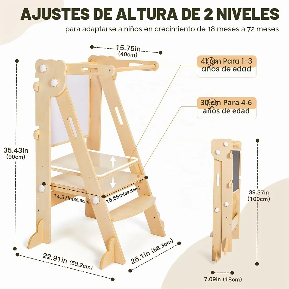 Labebe Torre de Aprendizaje Plegable Niños, Montessori Learning Tower con Tablero de Dos Caras, 3 en 1 Multifuncional Torre Ajustable en Altura y Ancho Torre Aprendizaje (Madera) foto 3