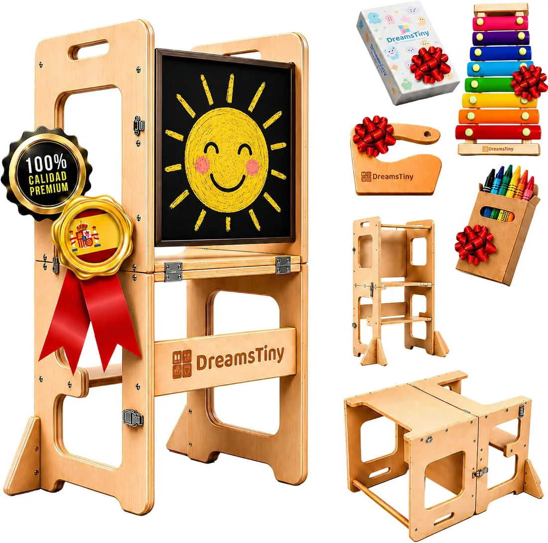 Torre de Aprendizaje Plegable 3 en 1, +18 Meses, Antivuelco | Incluye Xilófono, Libro para Colorear, Caja de Lápices, Cortador y Kit de Montaje, Torre Aprendizaje Montessori