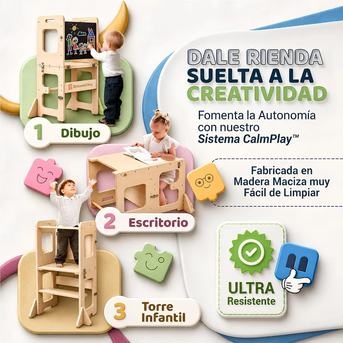 Torre de Aprendizaje Plegable 3 en 1, +18 Meses, Antivuelco | Incluye Xilófono, Libro para Colorear, Caja de Lápices, Cortador y Kit de Montaje, Torre Aprendizaje Montessori foto 2