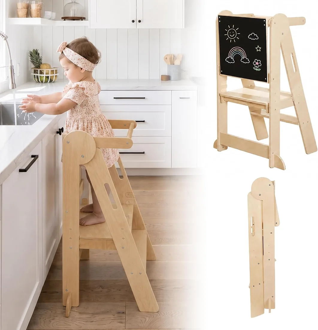 Torre de Aprendizaje Plegable, Ajustable en Altura de 3 Niveles Torre | Torre Aprendizaje Montessori para Niños con Rieles de Seguridad, Protección Antivuelco, Taburete para niños, Natural foto 2