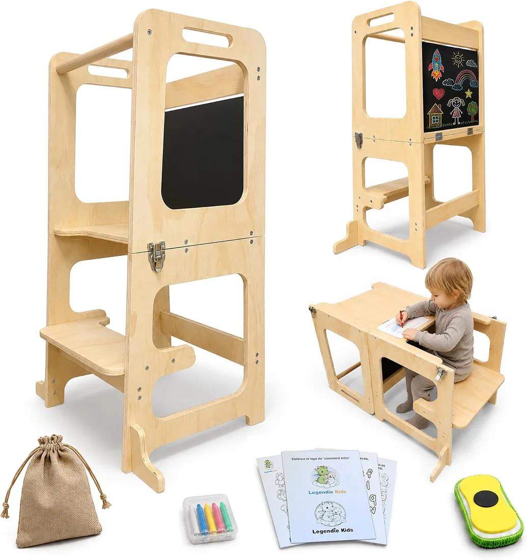 Torre de Aprendizaje Plegable Evolutiva, Convertible 3 en 1. | Incluye Tizas, Borrador, Bolsa, Dibujo, Madera Natural, Torre Aprendizaje Plegable, Escalon Infantil, Silla Montessori Madera