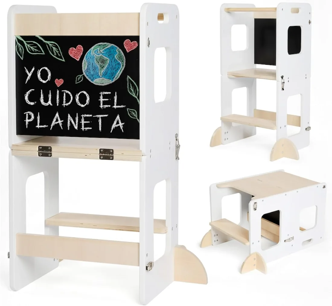 Torre de Aprendizaje Plegable Montessori Premium, Torre Aprendizaje Plegable 3 en 1: Convertible en Escritorio con Pizarra – Marca Comprometida con la Reforestación, Desde 1 Año