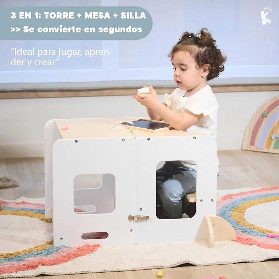 Torre de Aprendizaje Plegable Montessori Premium, Torre Aprendizaje Plegable 3 en 1: Convertible en Escritorio con Pizarra – Marca Comprometida con la Reforestación, Desde 1 Año foto 3