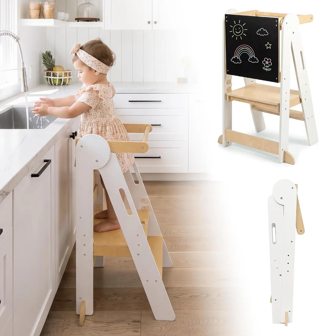 Torre de Aprendizaje Plegable, Torre Ajustable en Altura de 3 Niveles | Torre Aprendizaje Montessori para Niños con Rieles de Seguridad, Protección Antivuelco, Taburete para niños, Blanco