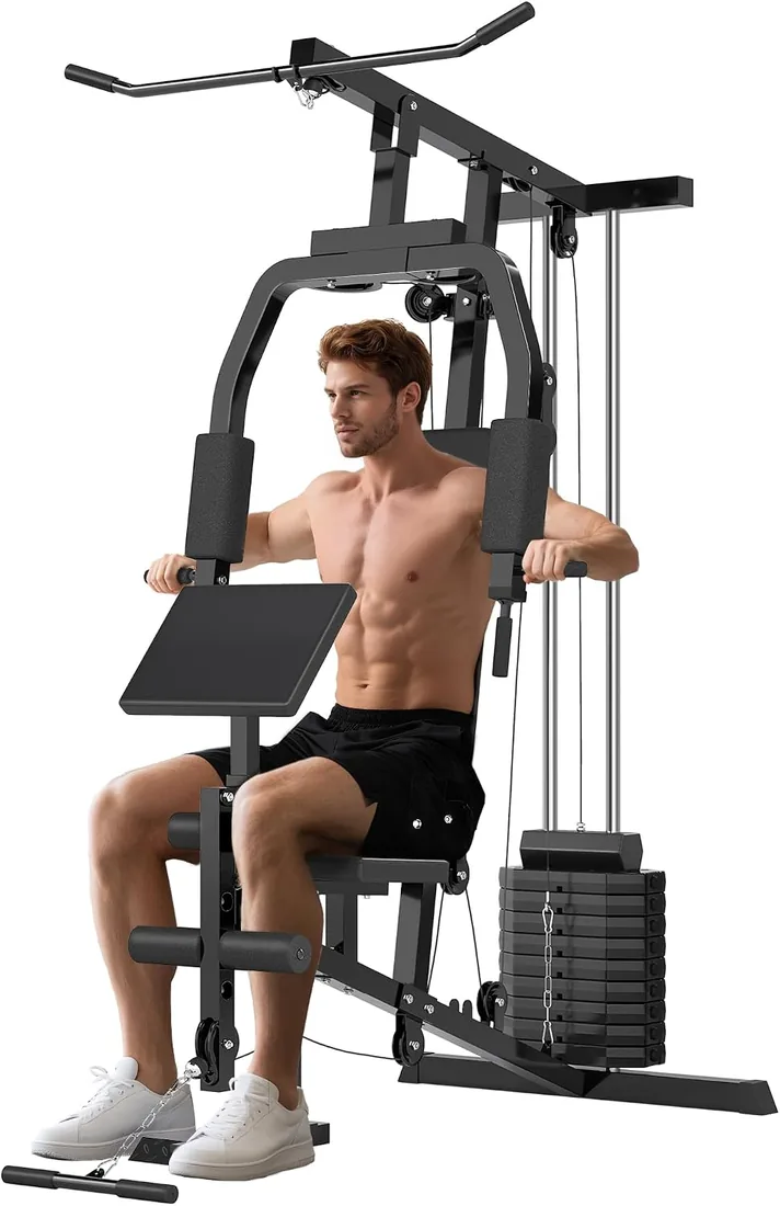 HOMCOM Máquina Multifunción Musculación con Poleas 148x108x207 cm Negro | Estribo para Piernas, Placas de Peso de 45 kg, para Entrenamiento Fitness en Hogar Gimnasio, Máquina Multifunción